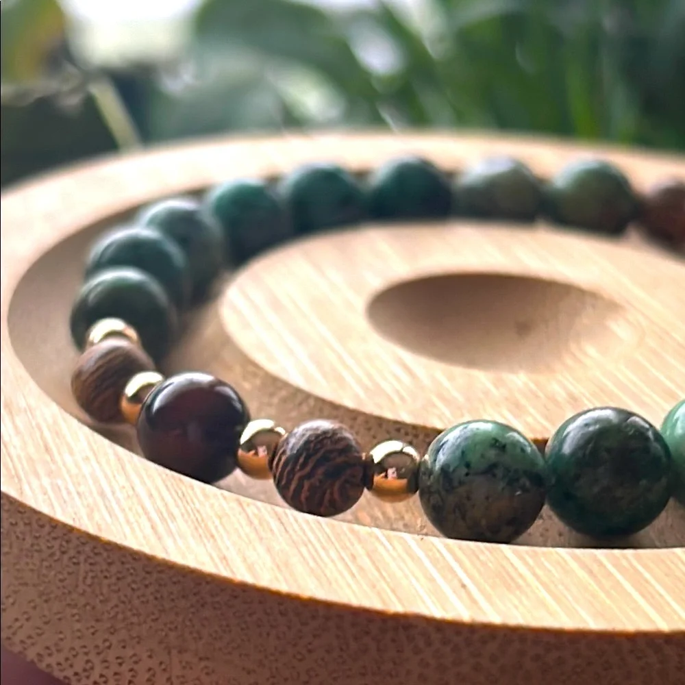 Handmade African Turquoise + African Wood Brad + Red Tigers Eye Beaded Bracelet